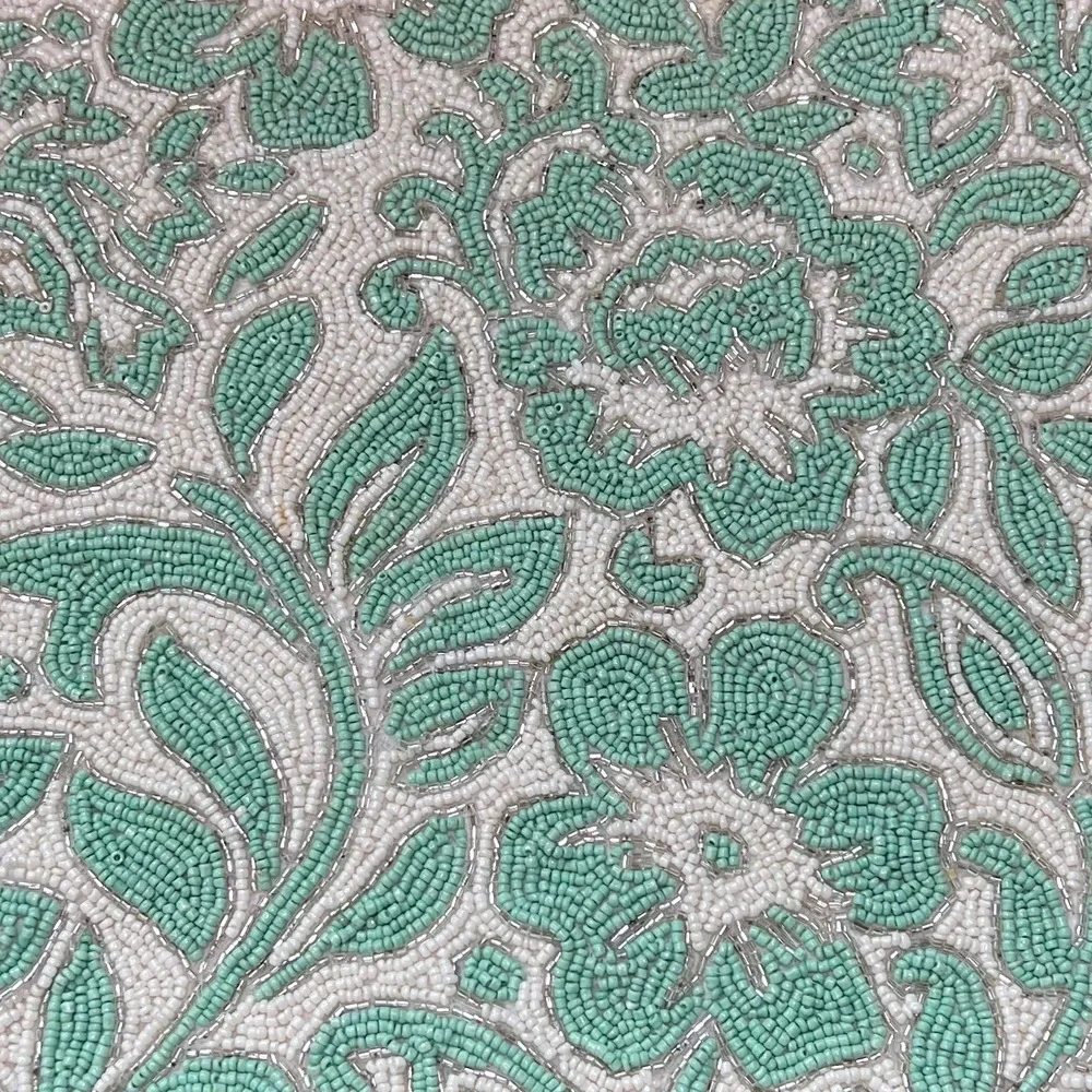 Jaipur in Bloom Beaded Table Runner Centerpiece 13 x 36 Aqua White Silver Floral